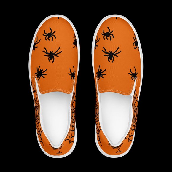 women's slip-on spider canvas shoes orange & black Halloween  fall spiderweb - Picture 5 of 14